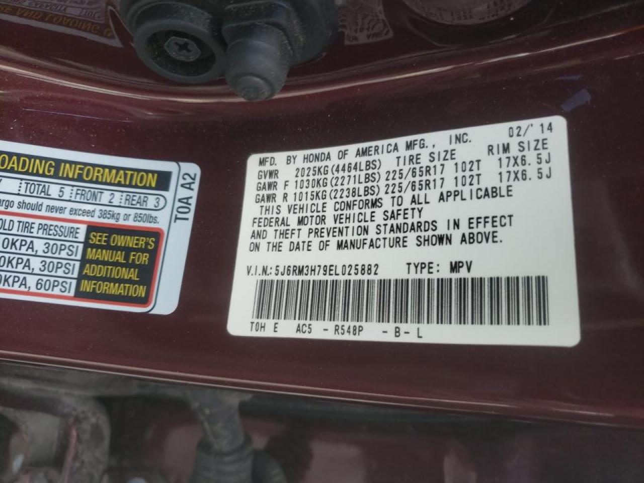 Photo 10 from auction – 2014 HONDA CR-V EXL with VIN 5J6RM3H79EL025882