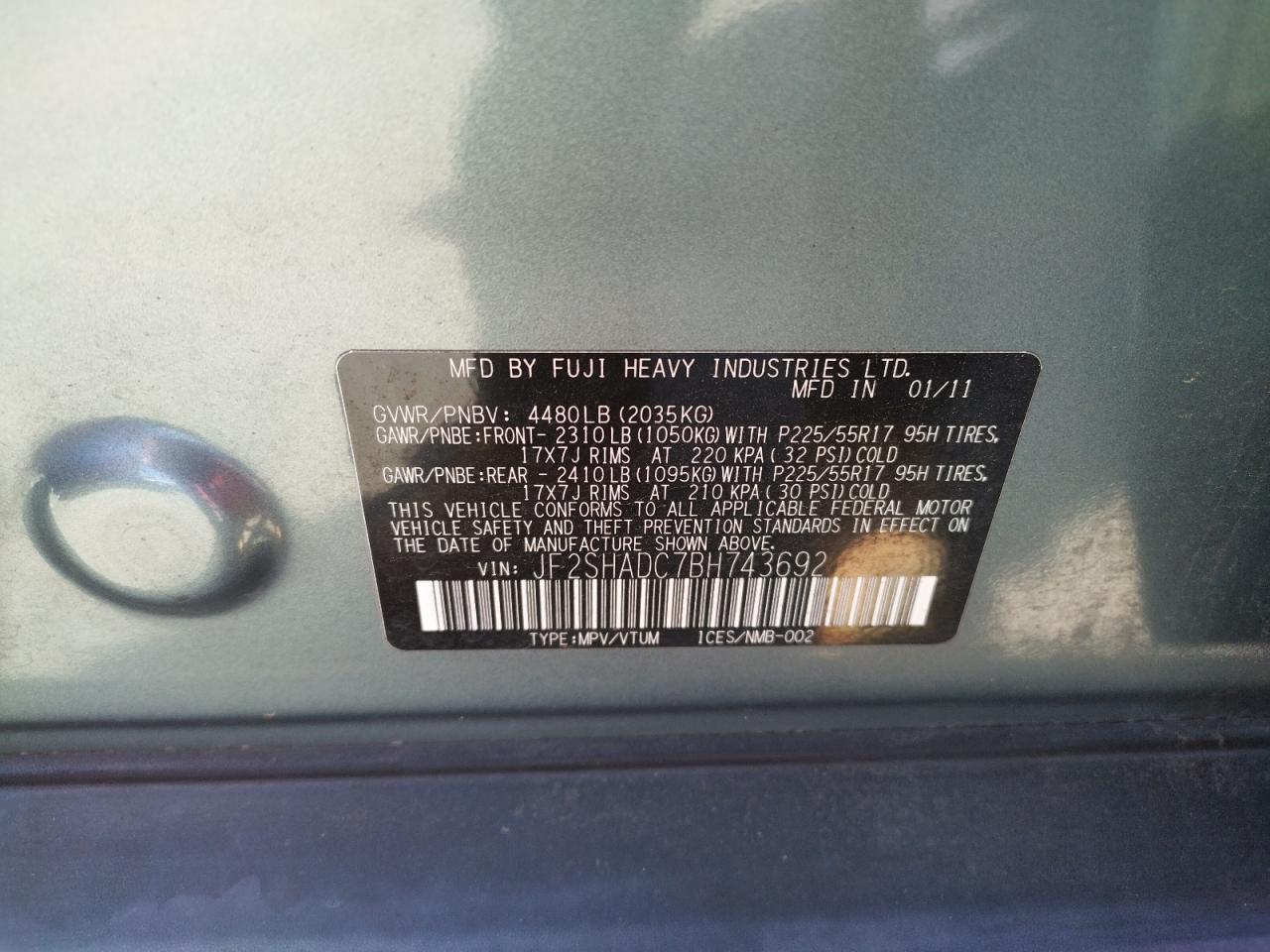 Photo 10 from auction – 2011 SUBARU FORESTER 2 with VIN JF2SHADC7BH743692