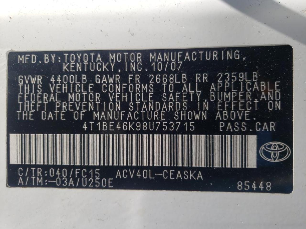 Photo 10 from auction – 2008 TOYOTA CAMRY CE with VIN 4T1BE46K98U753715