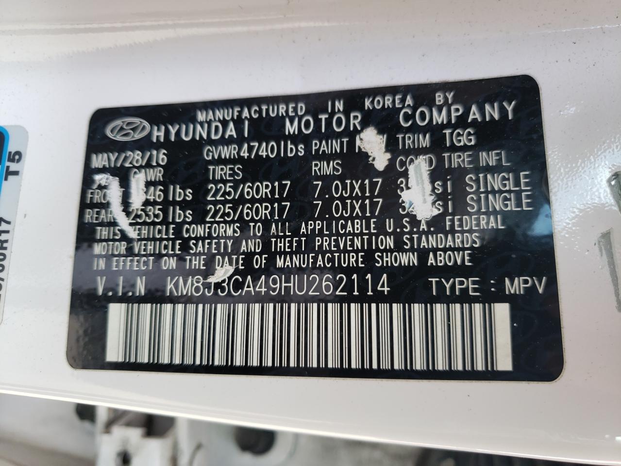 Photo 10 from auction – 2017 HYUNDAI TUCSON LIM with VIN KM8J3CA49HU262114