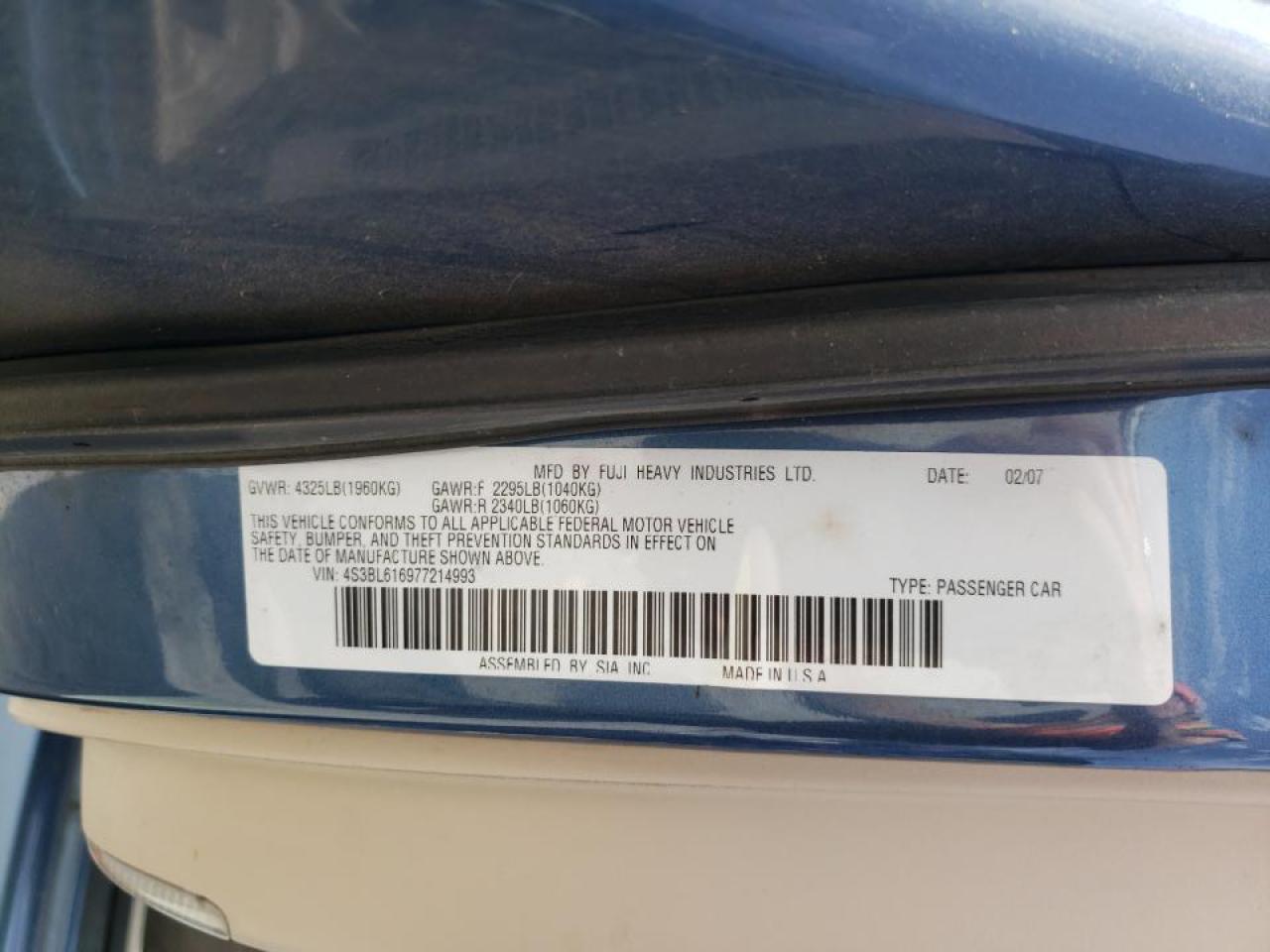 Photo 10 from auction – 2007 SUBARU LEGACY 2.5 with VIN 4S3BL616977214993