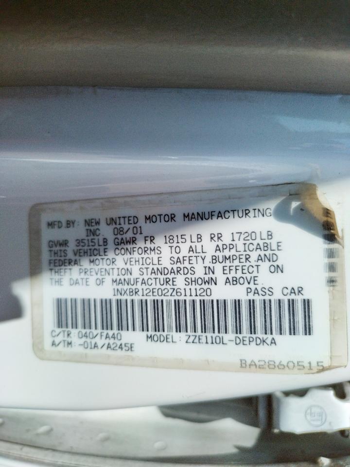 Photo 10 from auction – 2002 TOYOTA COROLLA CE with VIN 1NXBR12E02Z611120