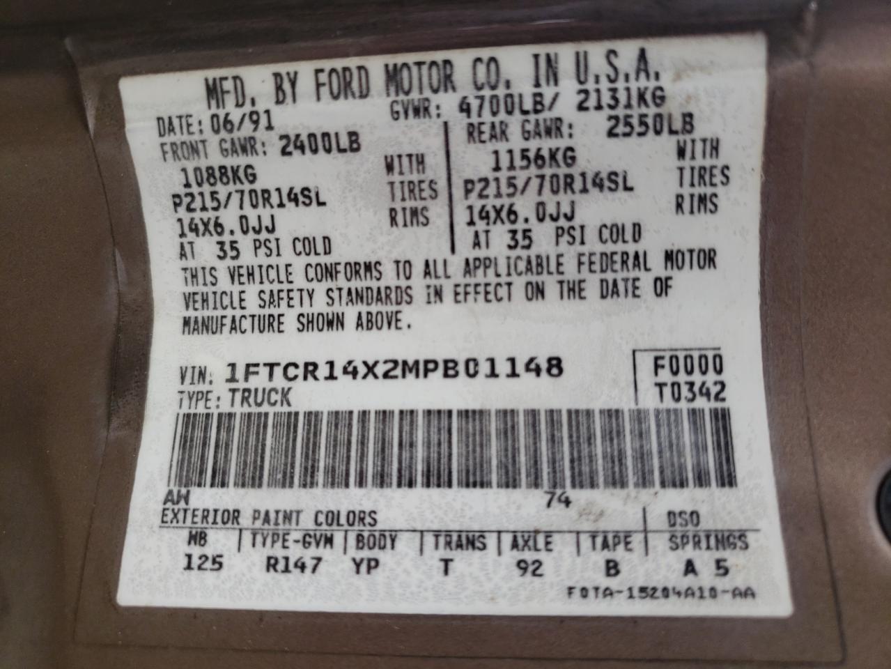 Photo 10 from auction – 1991 FORD RANGER SUP with VIN 1FTCR14X2MPB01148