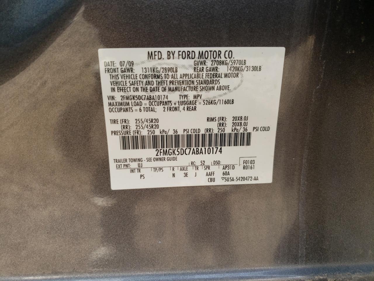 Photo 10 from auction – 2010 FORD FLEX LIMIT with VIN 2FMGK5DC7ABA10174