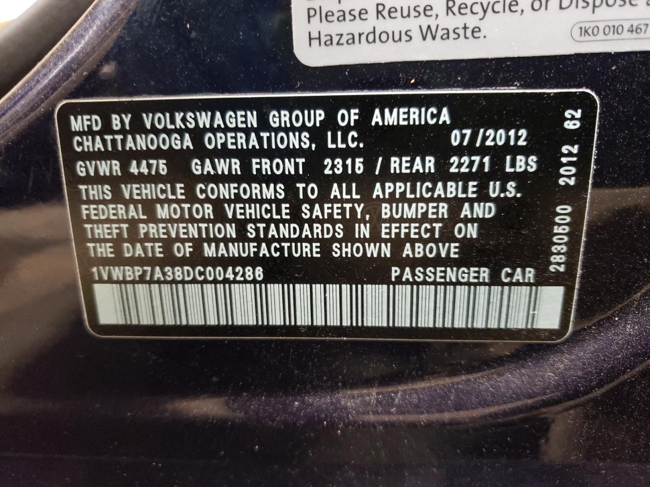 Photo 10 from auction – 2013 VOLKSWAGEN PASSAT SE with VIN 1VWBP7A38DC004286