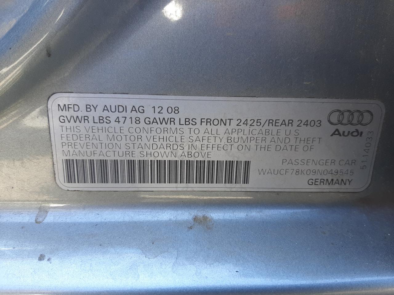 Photo 10 from auction – 2009 AUDI A4 PREMIUM with VIN WAUCF78K09N049545
