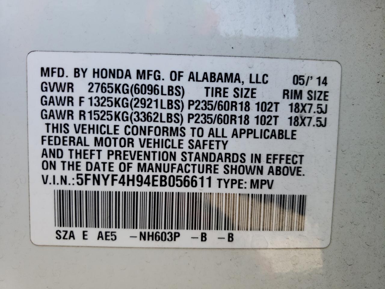 Photo 10 from auction – 2014 HONDA PILOT TOUR with VIN 5FNYF4H94EB056611