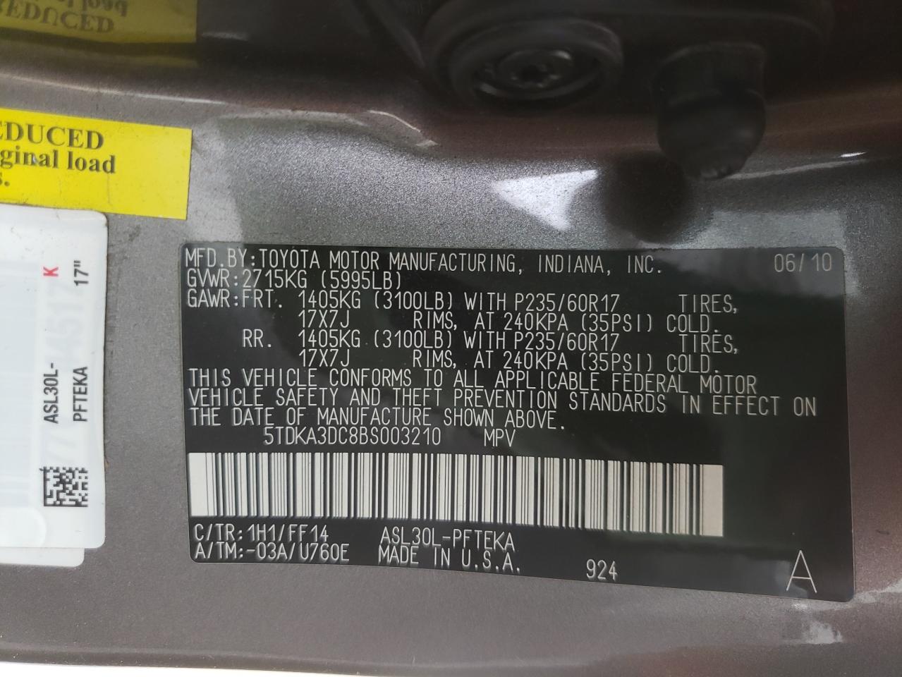 Photo 10 from auction – 2011 TOYOTA SIENNA BAS with VIN 5TDKA3DC8BS003210