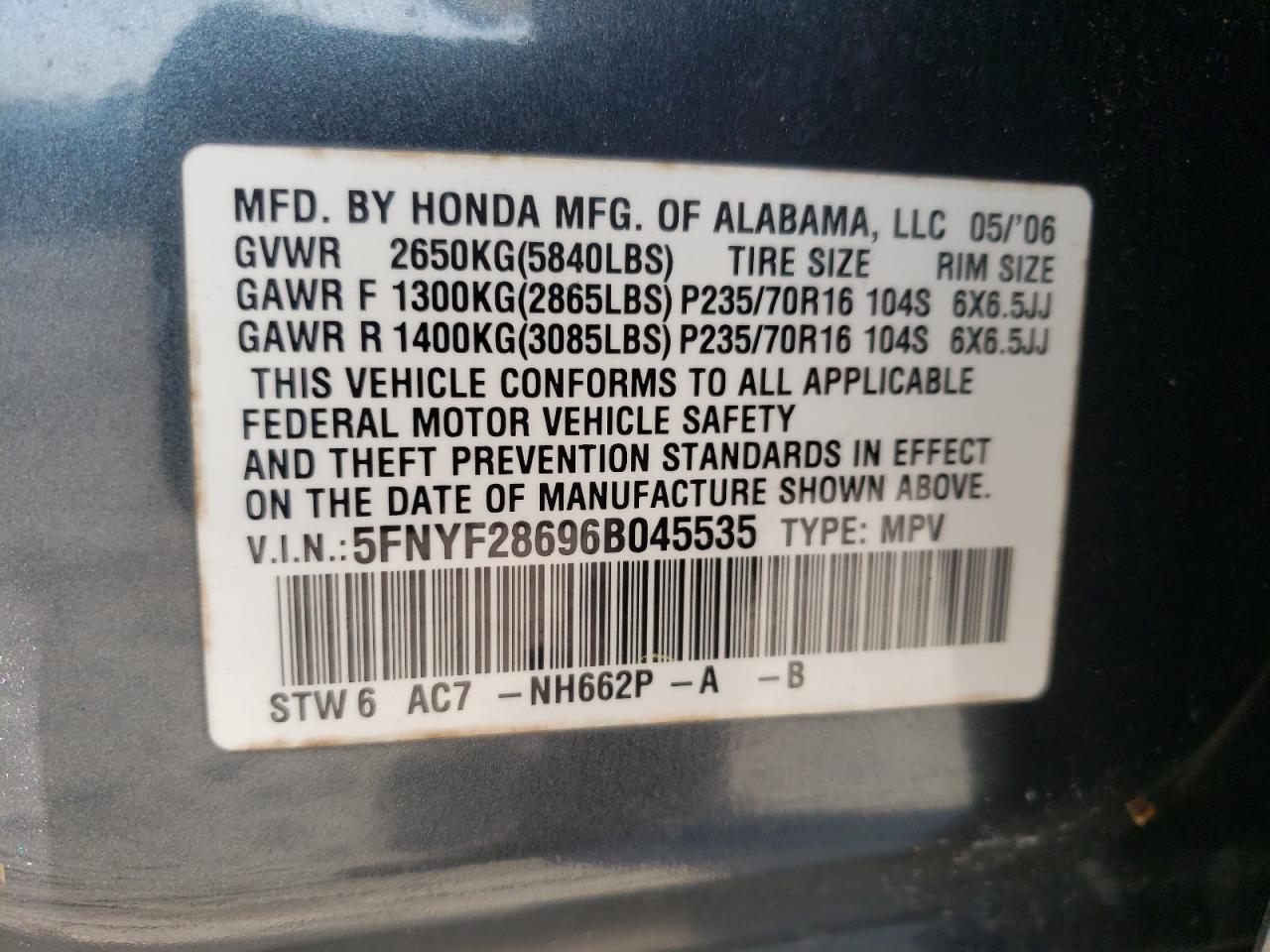 Photo 10 from auction – 2006 HONDA PILOT EX with VIN 5FNYF28696B045535