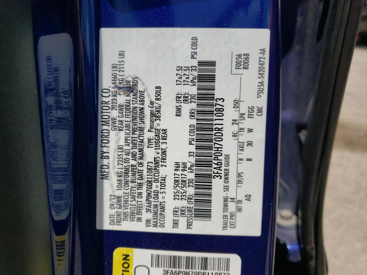 Photo 10 from auction – 2013 FORD FUSION SE with VIN 3FA6P0H70DR110873