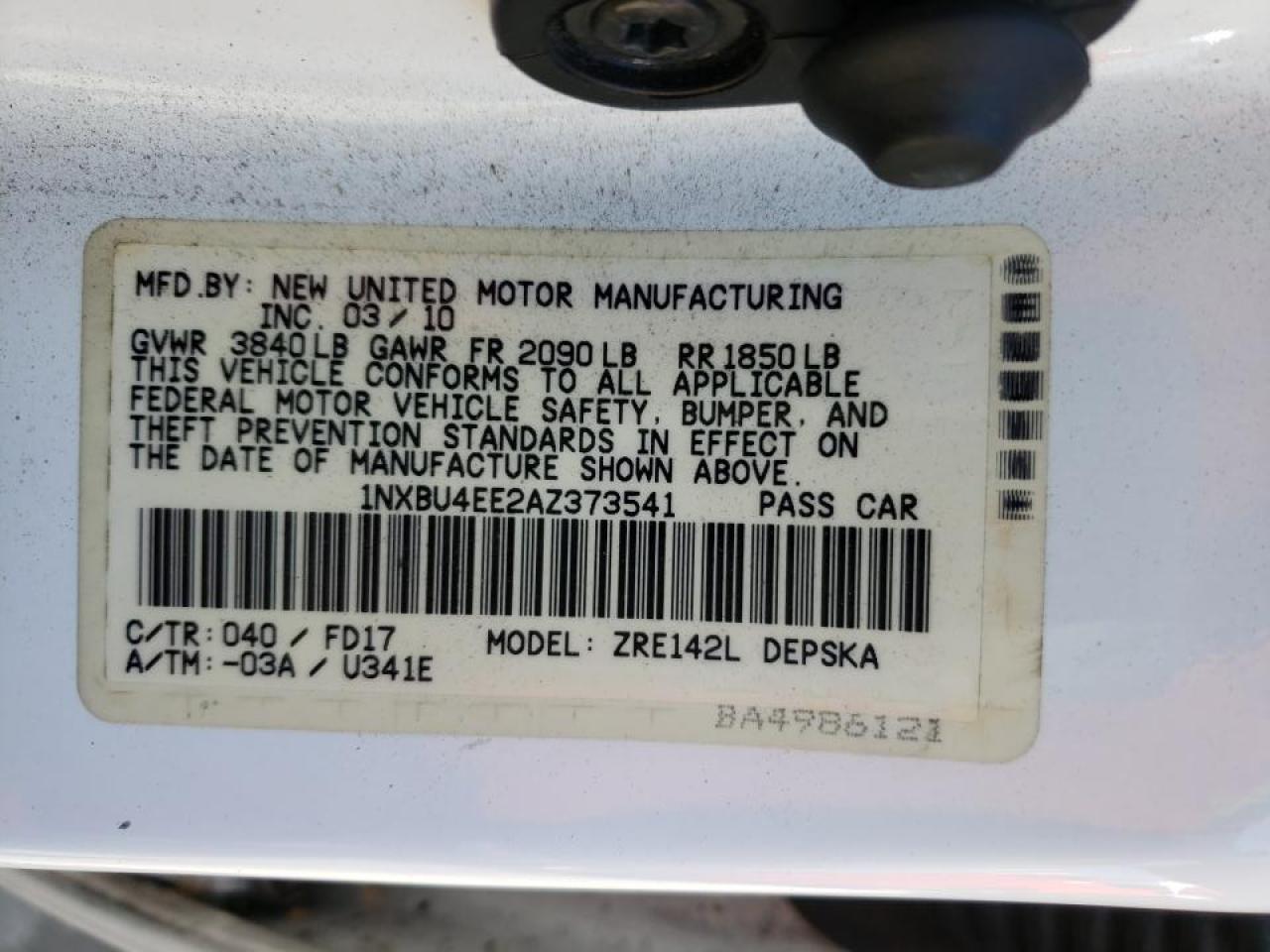 Photo 10 from auction – 2010 TOYOTA COROLLA BA with VIN 1NXBU4EE2AZ373541