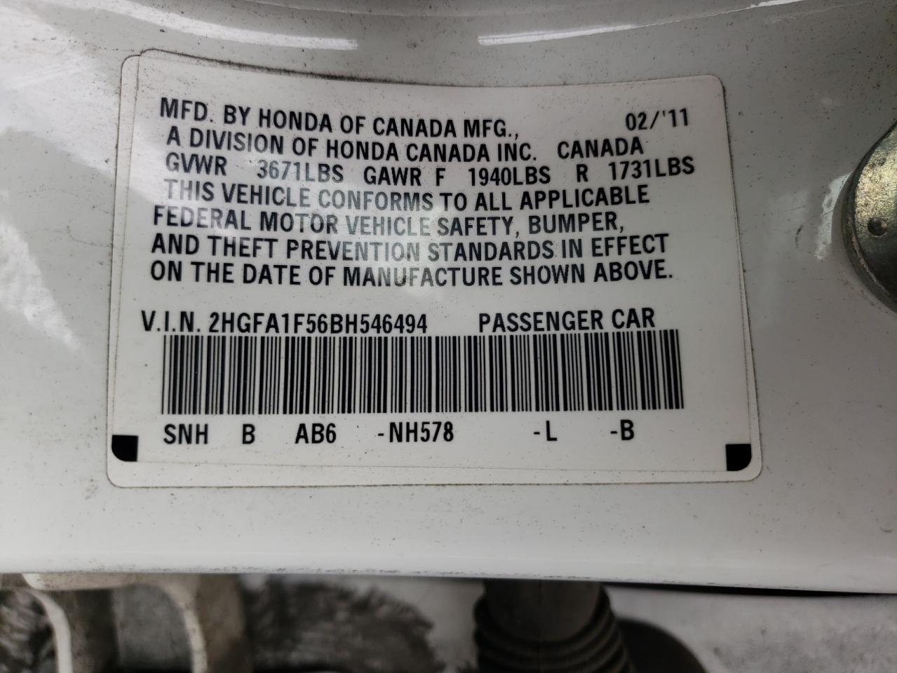 Photo 10 from auction – 2011 HONDA CIVIC LX with VIN 2HGFA1F56BH546494