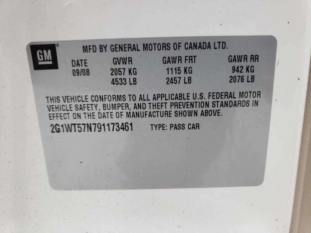 Photo 10 from auction – 2009 CHEVROLET IMPALA 1LT with VIN 2G1WT57N791173461