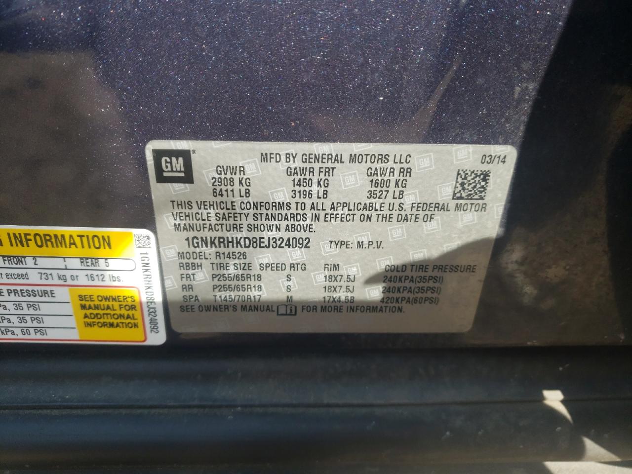 Photo 10 from auction – 2014 CHEVROLET TRAVERSE L with VIN 1GNKRHKD8EJ324092