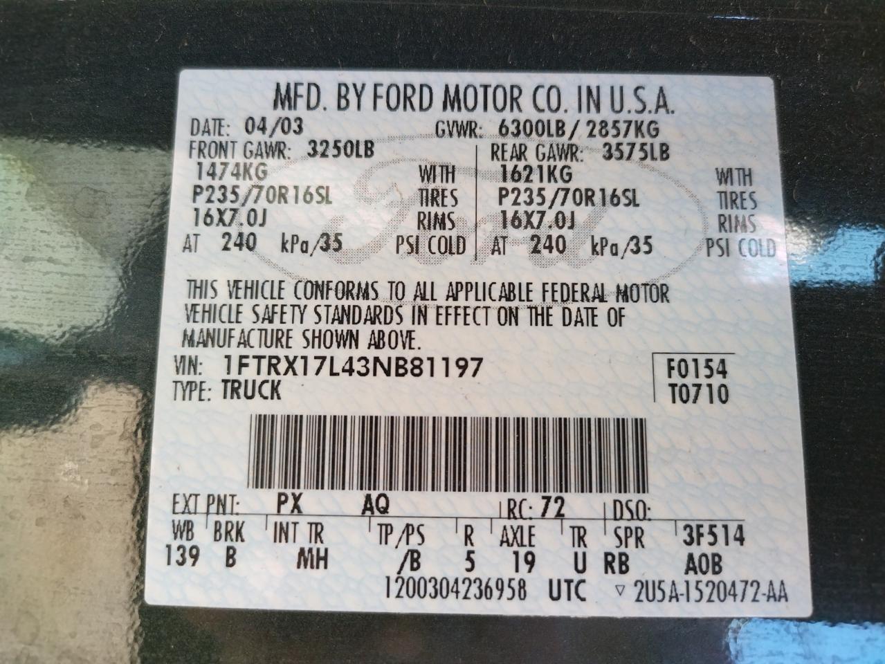 Photo 10 from auction – 2003 FORD F150 with VIN 1FTRX17L43NB81197