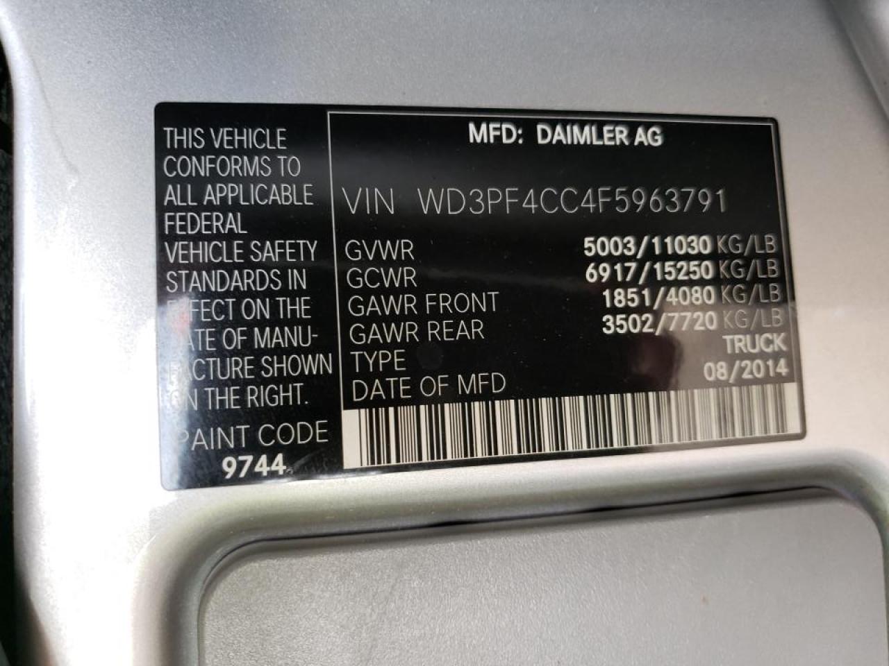 Photo 10 from auction – 2015 MERCEDES-BENZ SPRINTER 3 with VIN WD3PF4CC4F5963791
