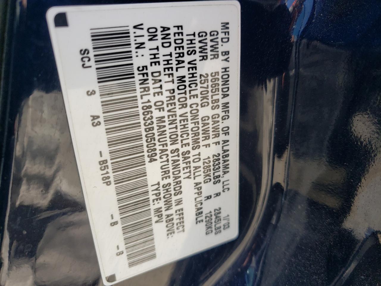 Photo 10 from auction – 2003 HONDA ODYSSEY EX with VIN 5FNRL18633B050894