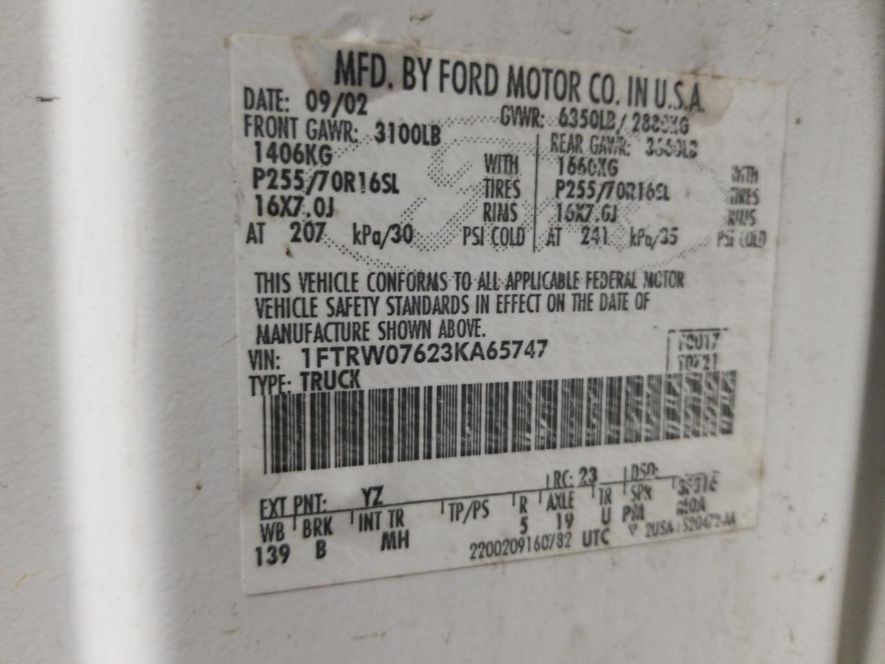 Photo 10 from auction – 2003 FORD F150 SUPER with VIN 1FTRW07623KA65747