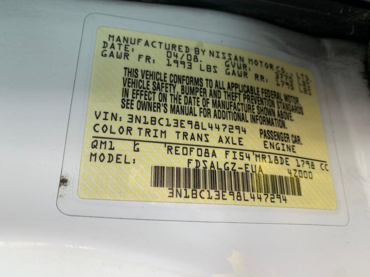 Photo 10 from auction – 2008 NISSAN VERSA S with VIN 3N1BC13E98L447294