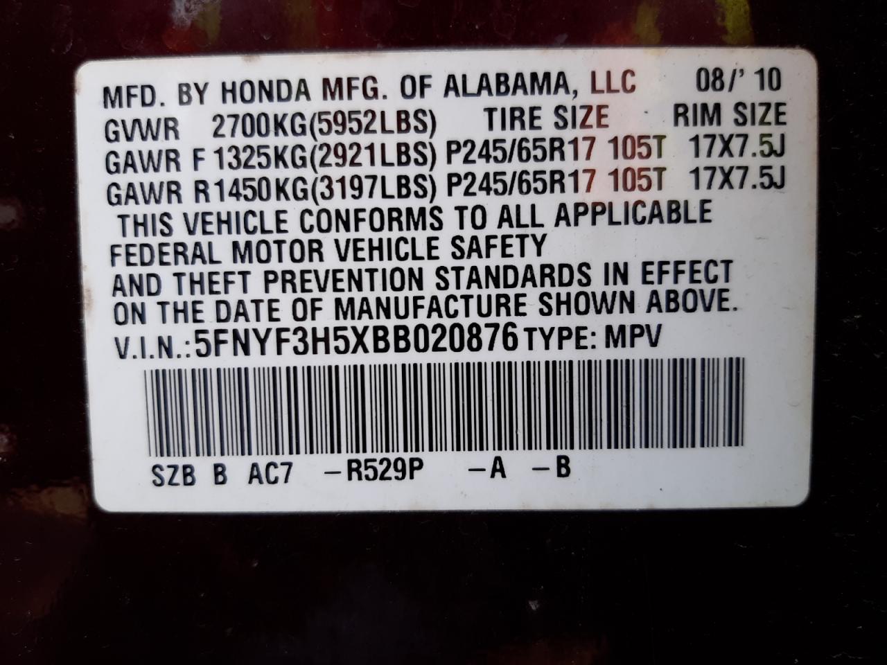 Photo 10 from auction – 2011 HONDA PILOT EXL with VIN 5FNYF3H5XBB020876