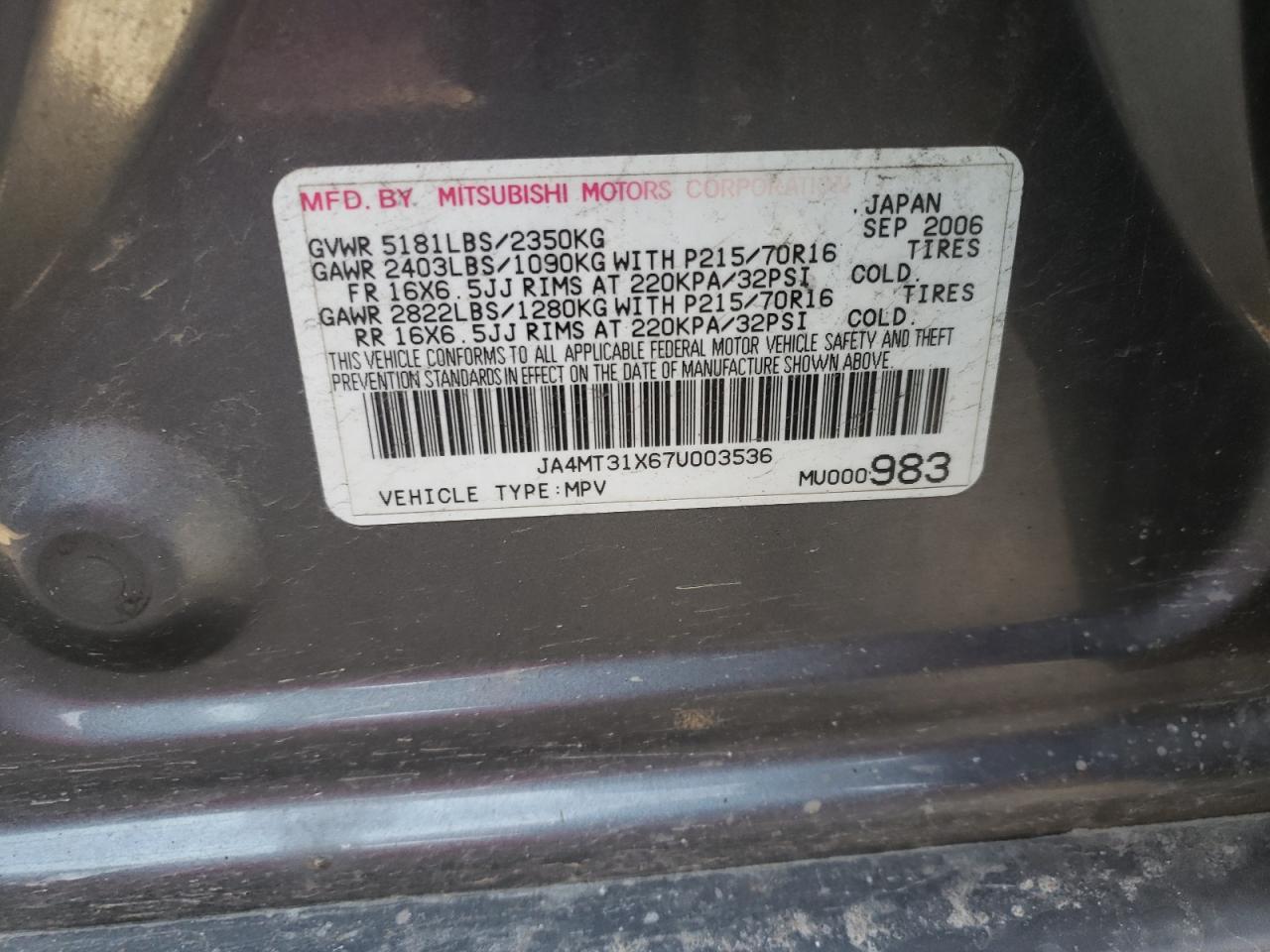 Photo 10 from auction – 2007 MITSUBISHI OUTLANDER with VIN JA4MT31X67U003536