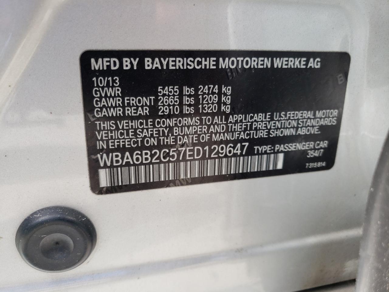 Photo 10 from auction – 2014 BMW 650 I GRAN with VIN WBA6B2C57ED129647