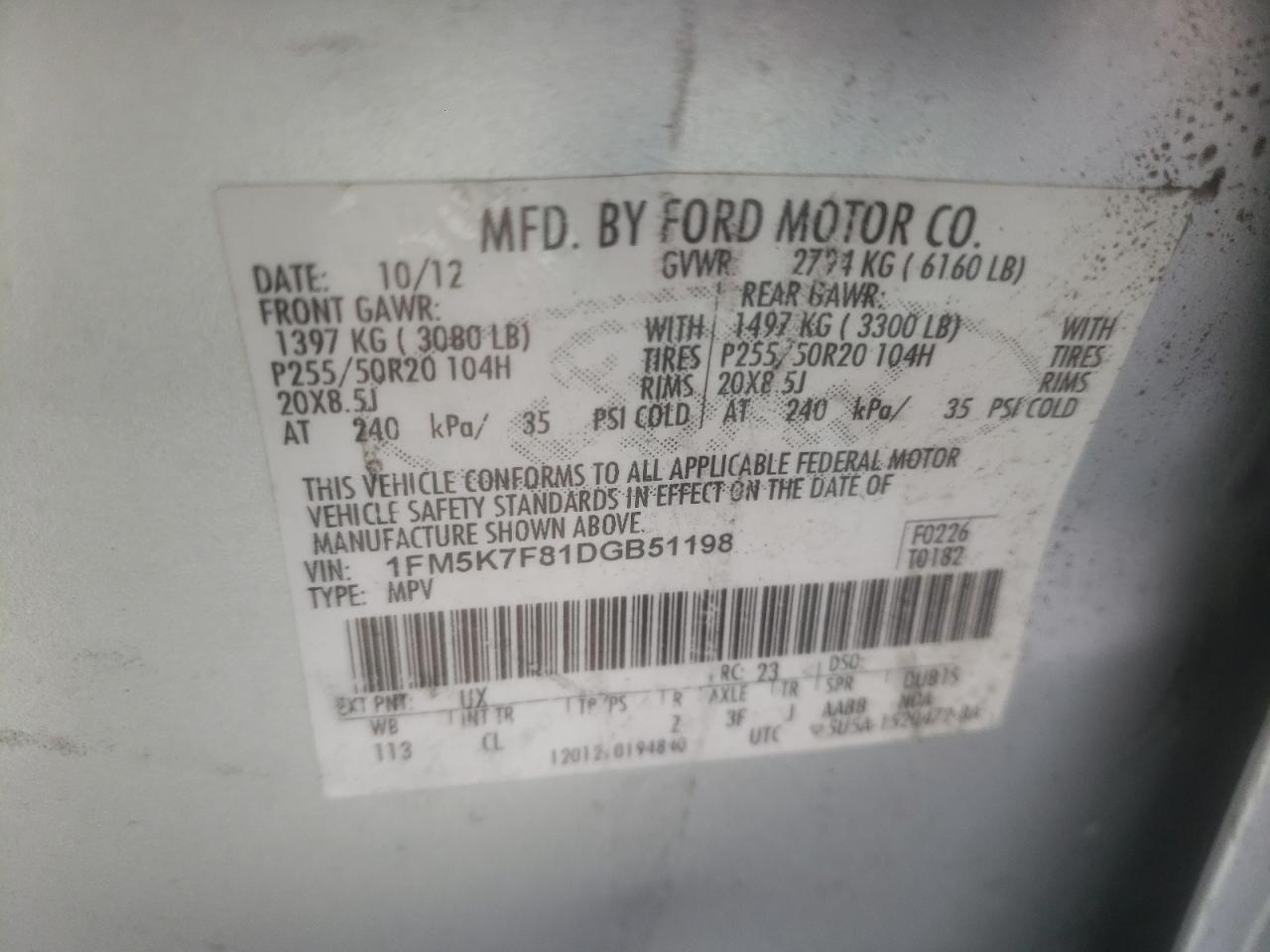 Photo 10 from auction – 2013 FORD EXPLORER L with VIN 1FM5K7F81DGB51198