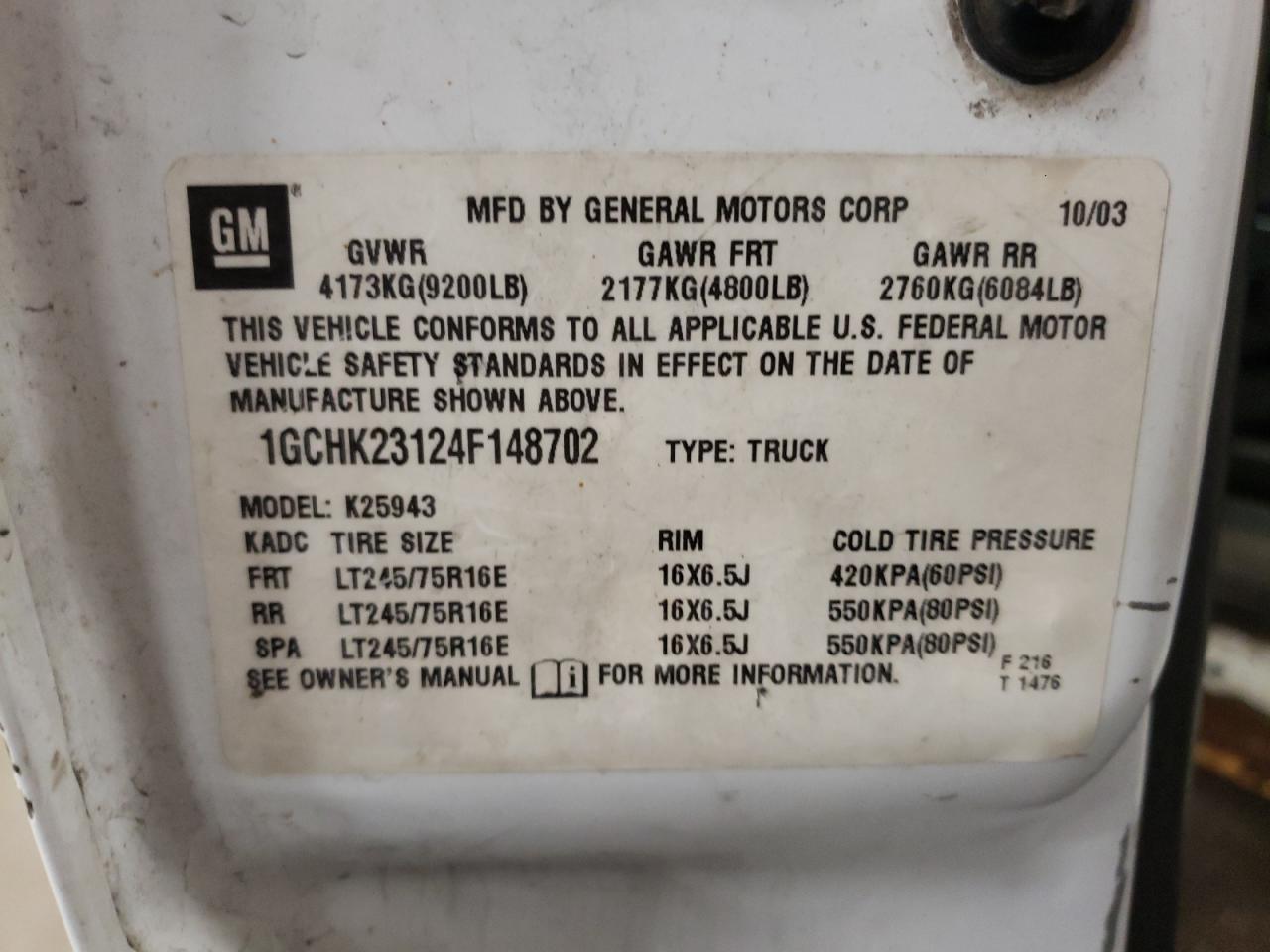 Photo 10 from auction – 2004 CHEVROLET SILVERADO with VIN 1GCHK23124F148702