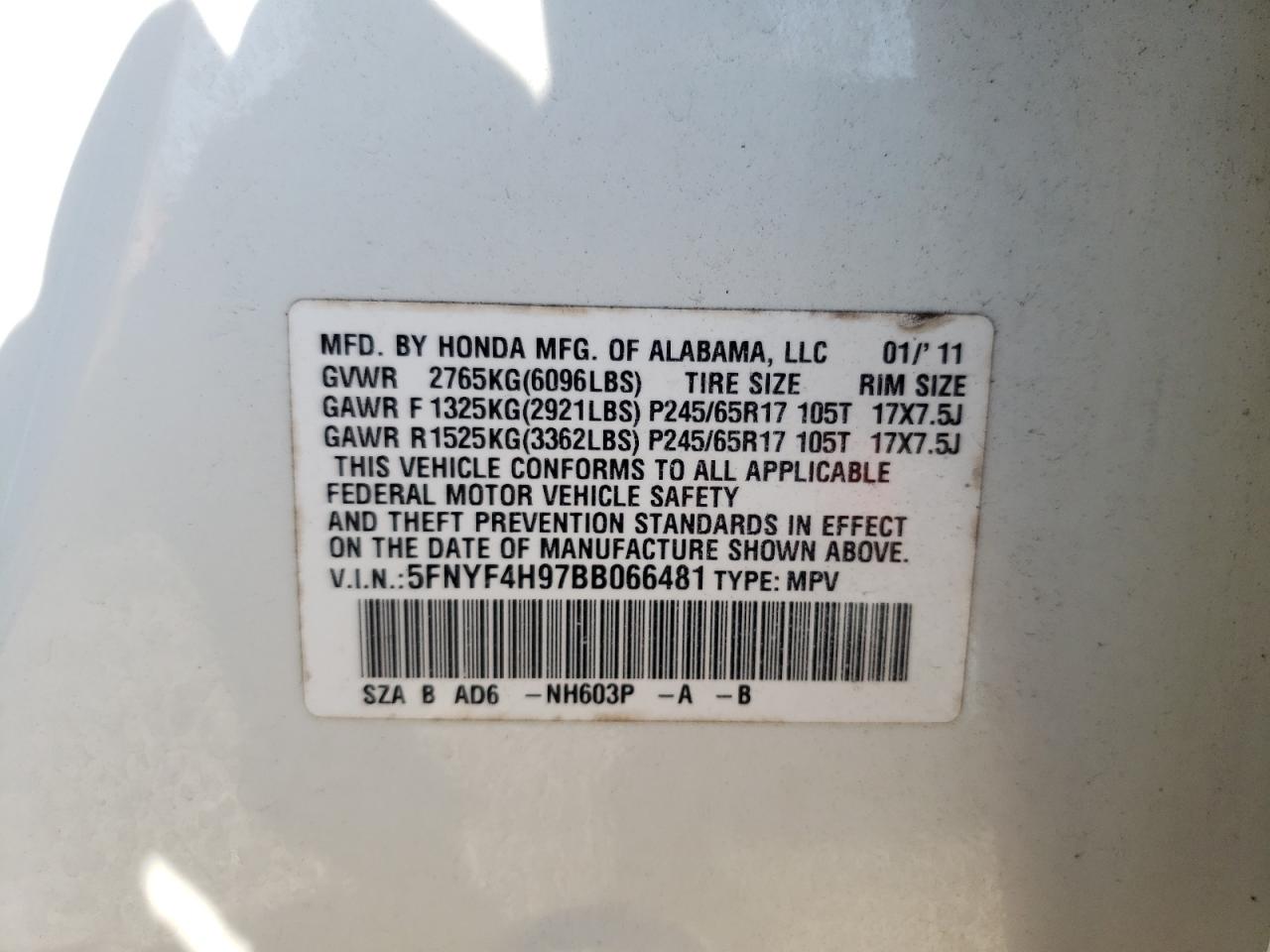 Photo 10 from auction – 2011 HONDA PILOT TOUR with VIN 5FNYF4H97BB066481