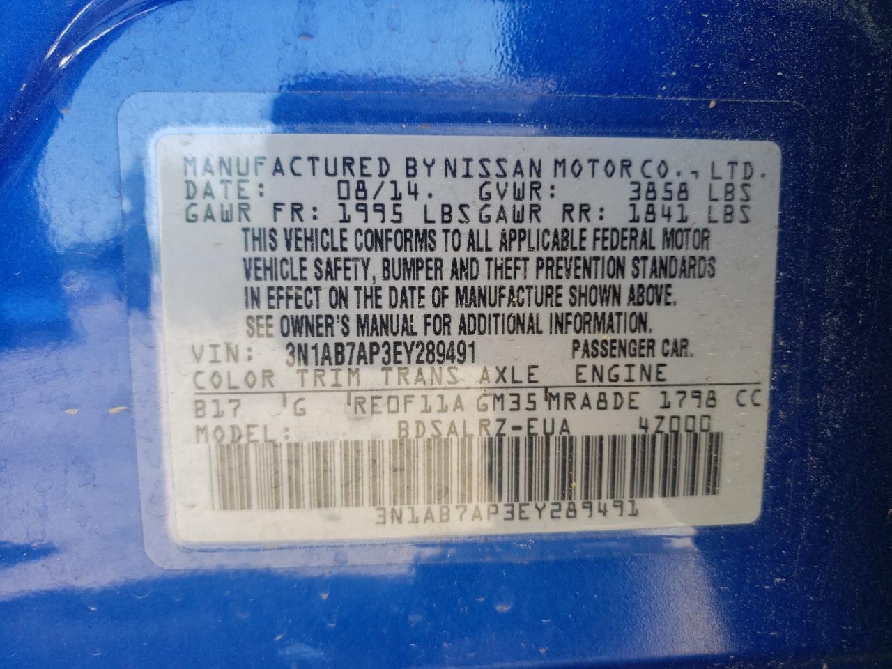 Photo 10 from auction – 2014 NISSAN SENTRA S with VIN 3N1AB7AP3EY289491