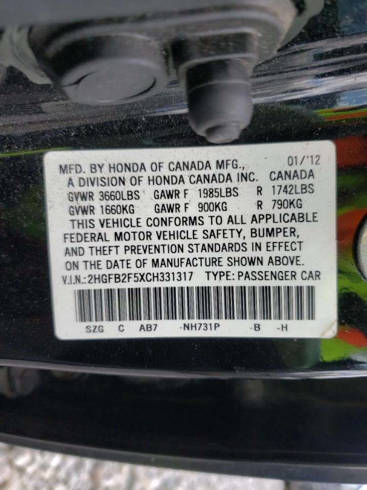 Photo 10 from auction – 2012 HONDA CIVIC LX with VIN 2HGFB2F5XCH331317
