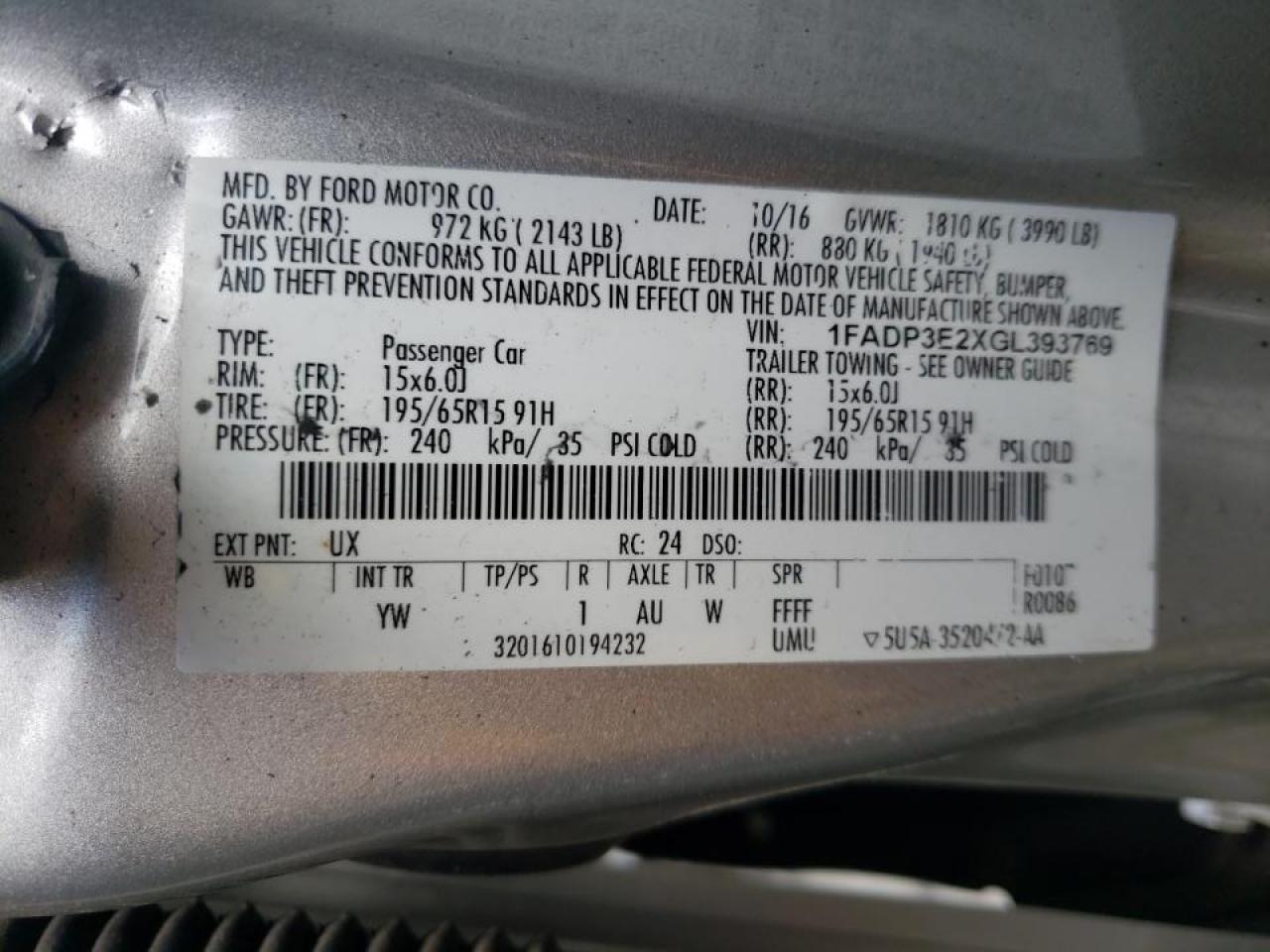 Photo 10 from auction – 2016 FORD FOCUS S with VIN 1FADP3E2XGL393769