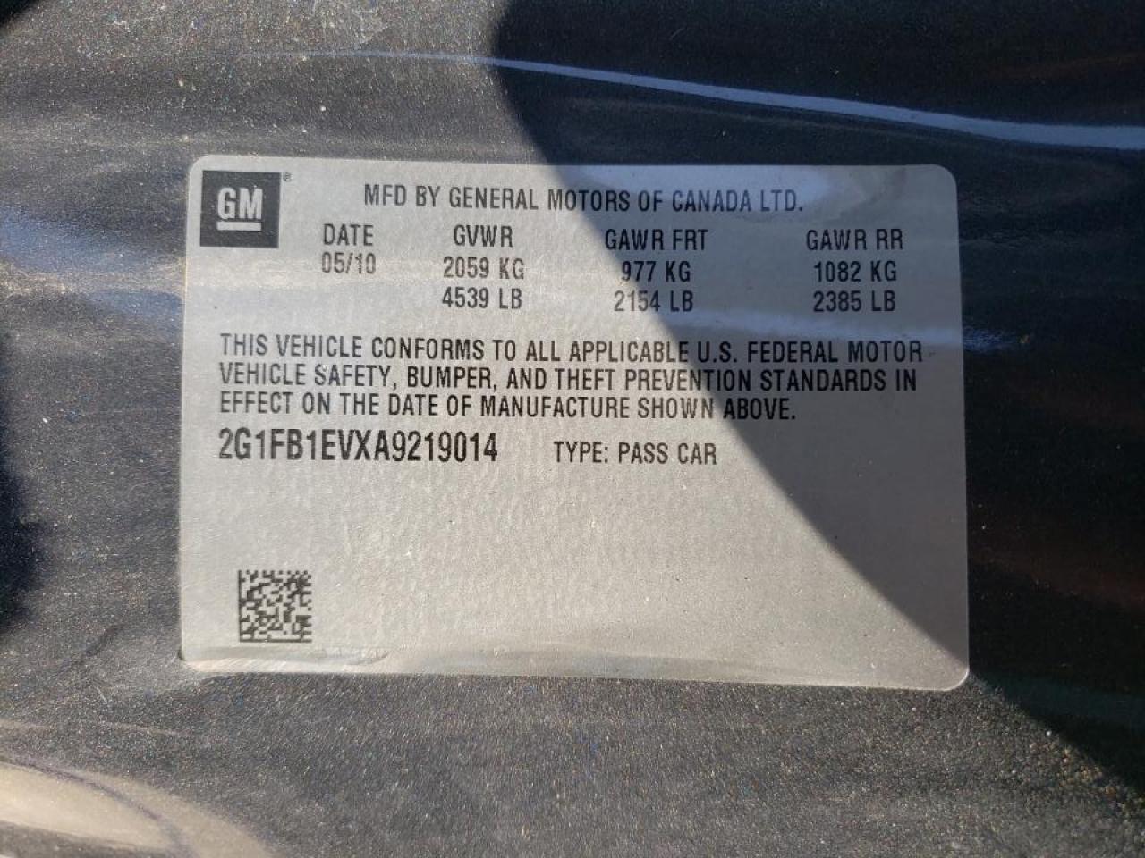 Photo 10 from auction – 2010 CHEVROLET CAMARO LT with VIN 2G1FB1EVXA9219014