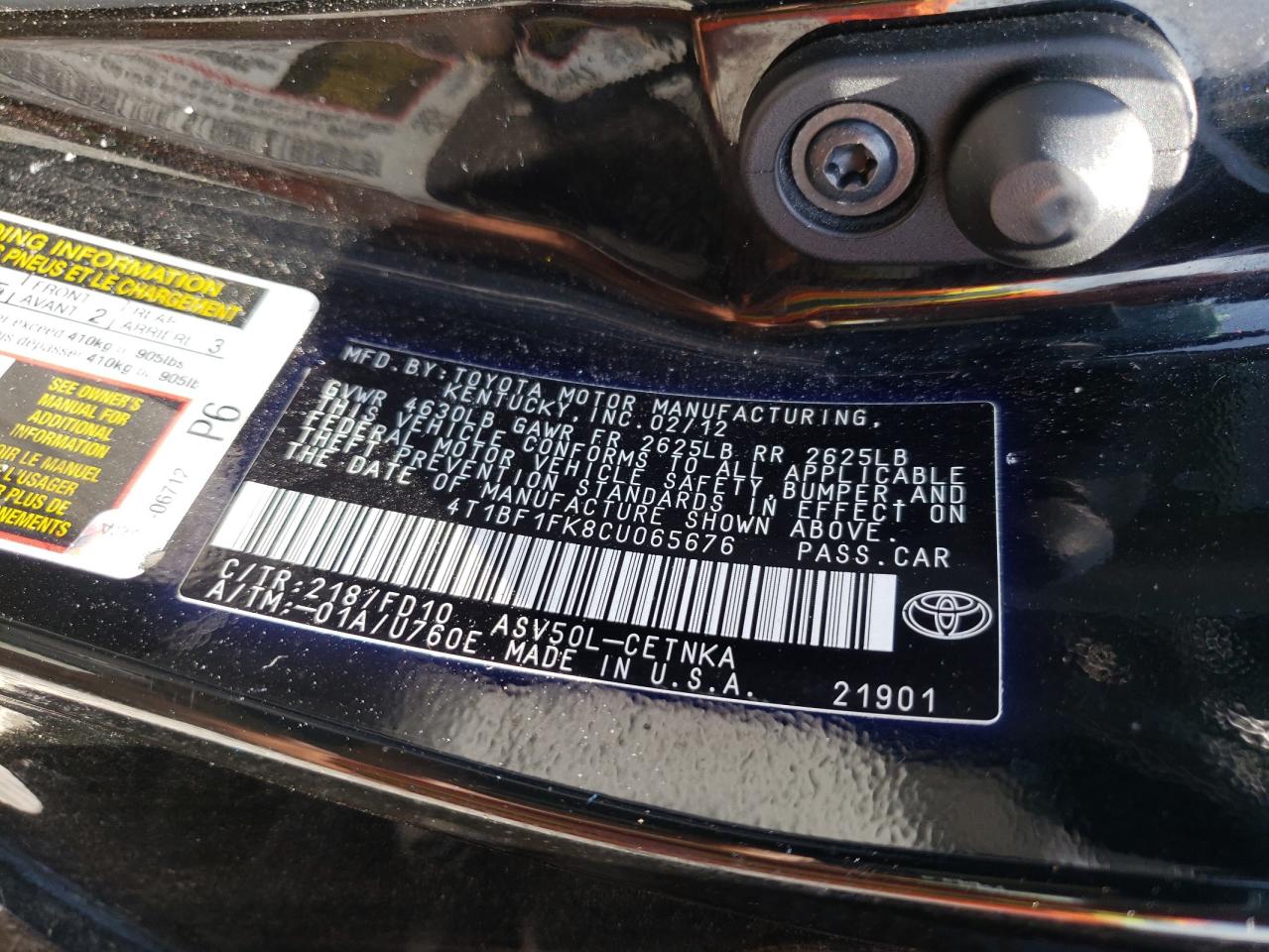 Photo 10 from auction – 2012 TOYOTA CAMRY BASE with VIN 4T1BF1FK8CU065676