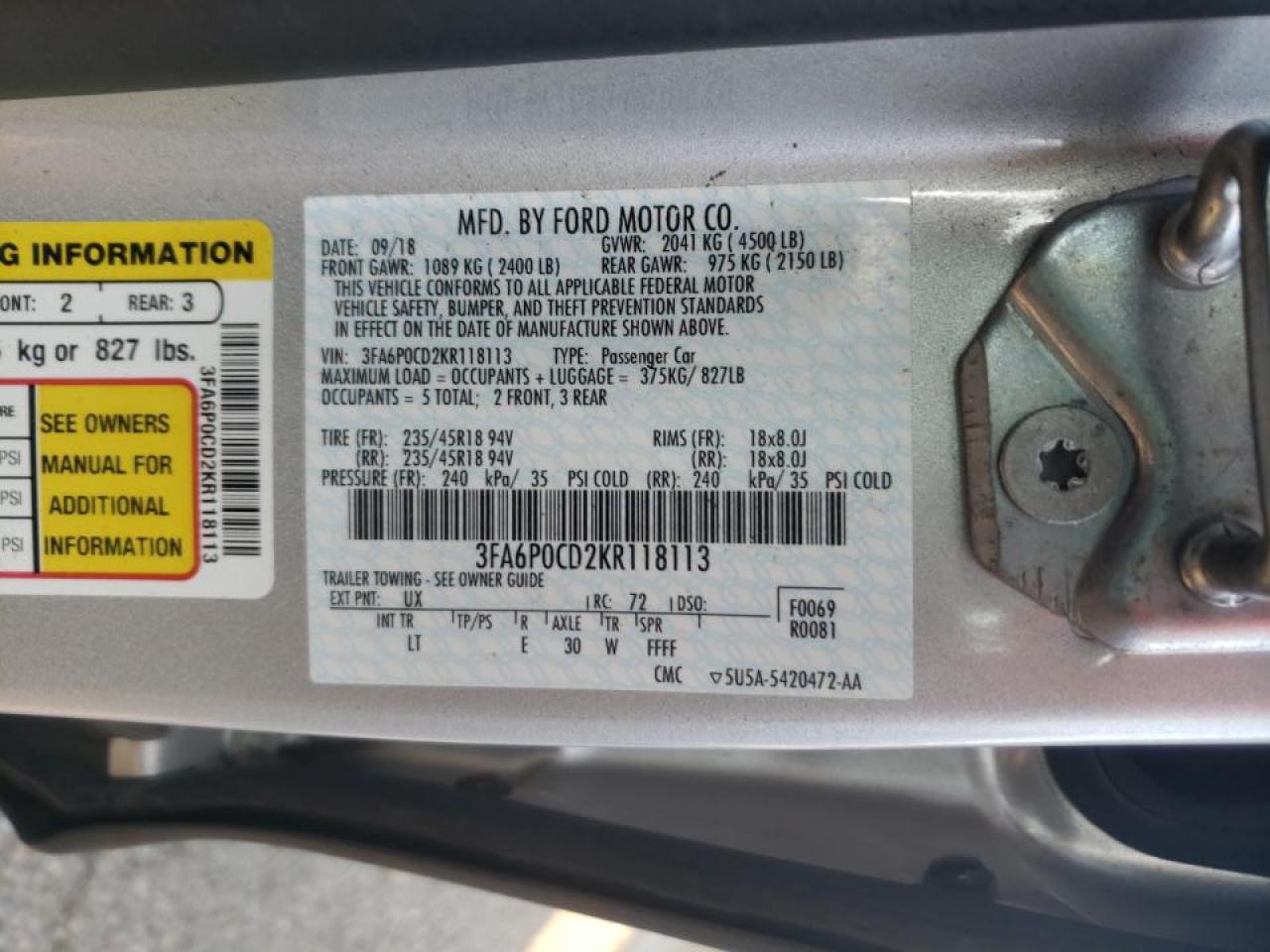 Photo 10 from auction – 2019 FORD FUSION SEL with VIN 3FA6P0CD2KR118113