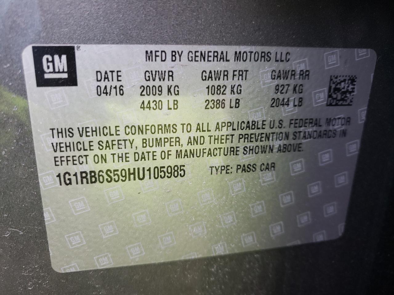 Photo 10 from auction – 2017 CHEVROLET VOLT PREMI with VIN 1G1RB6S59HU105985