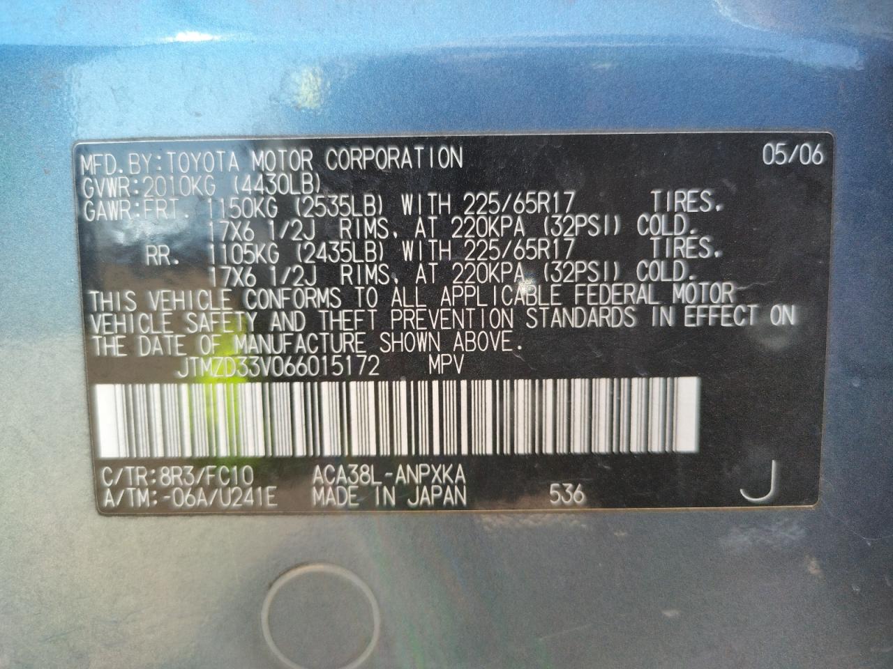 Photo 10 from auction – 2006 TOYOTA RAV4 with VIN JTMZD33V066015172
