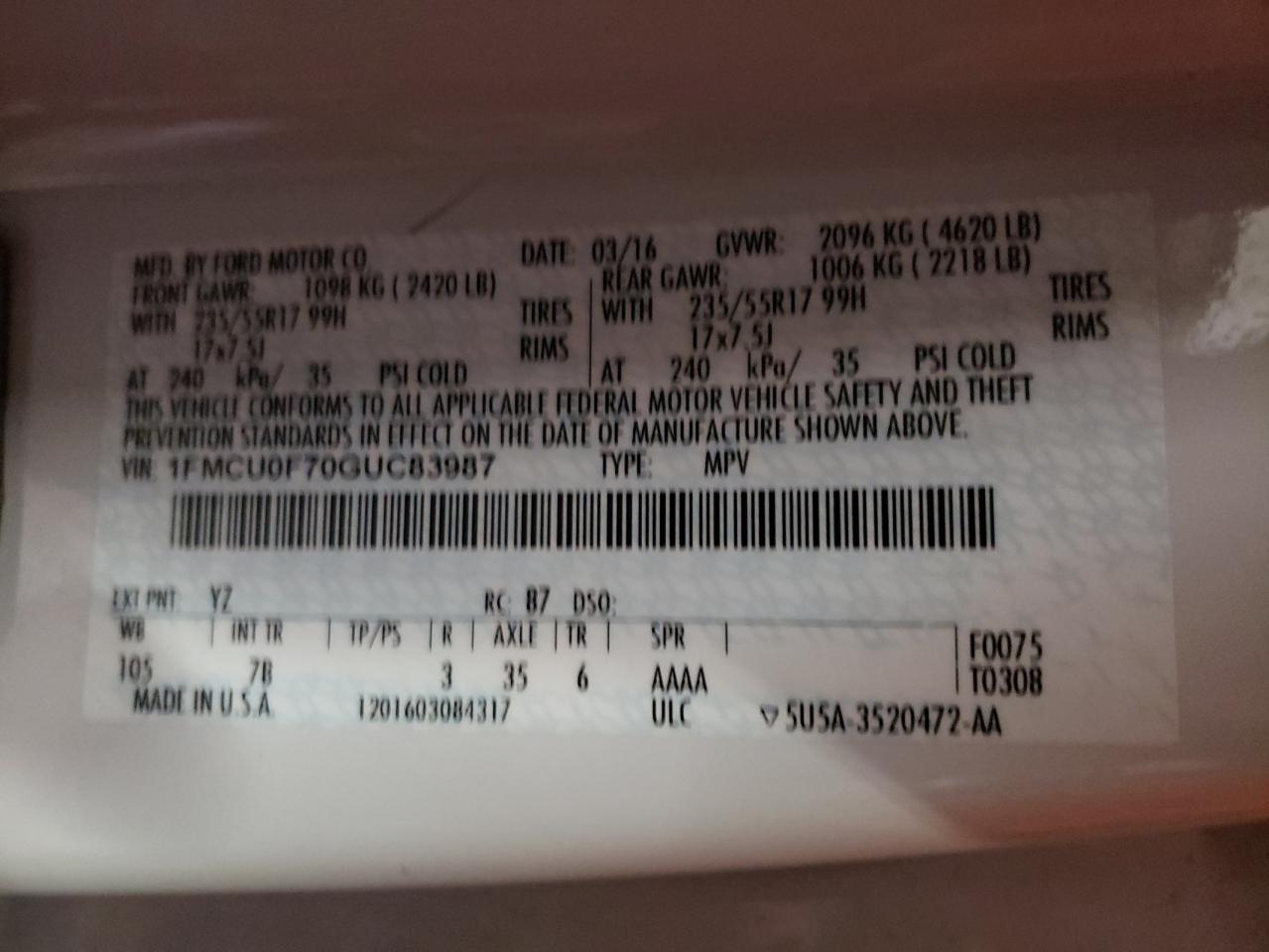 Photo 10 from auction – 2016 FORD ESCAPE S with VIN 1FMCU0F70GUC83987