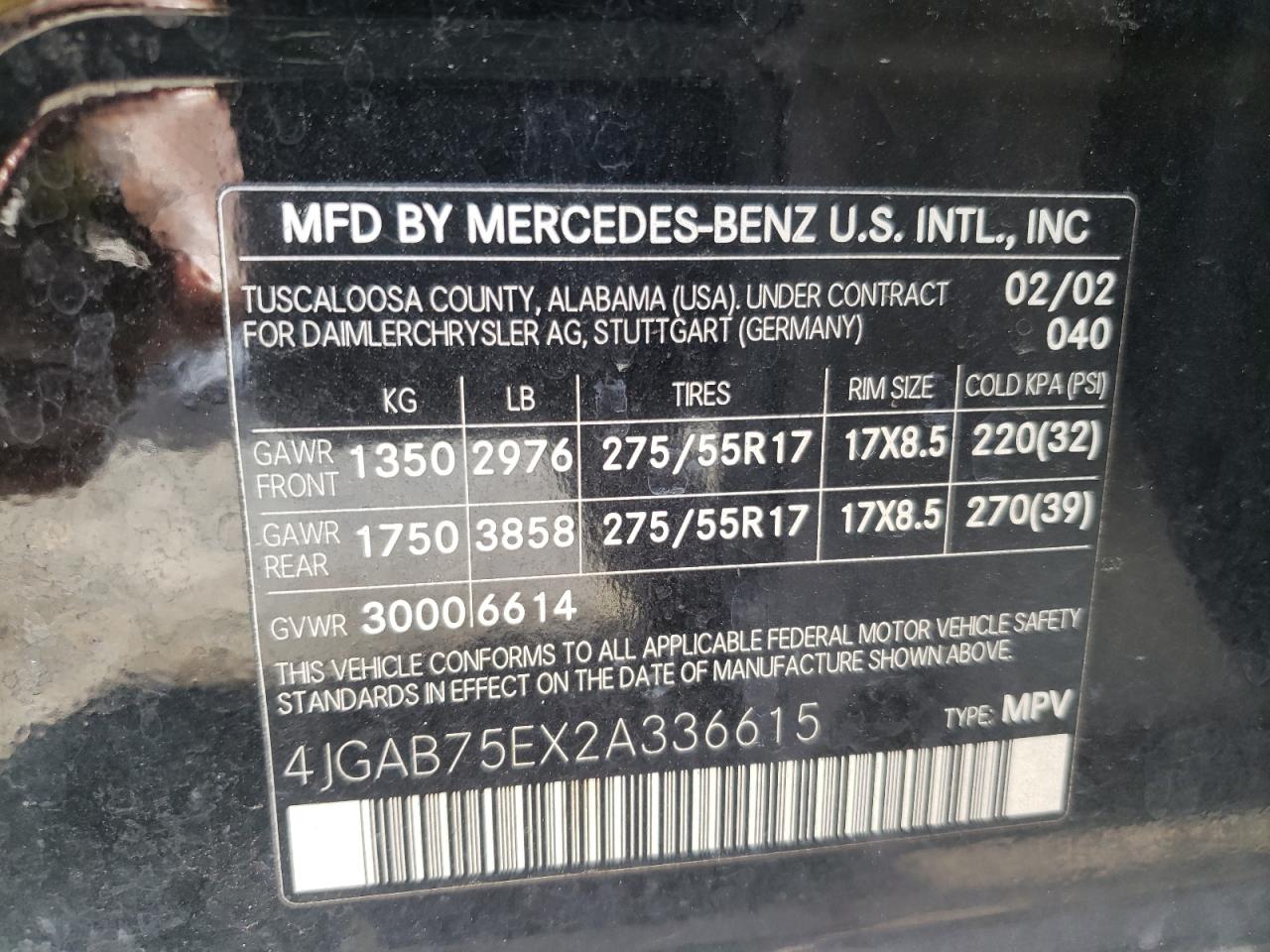 Photo 10 from auction – 2002 MERCEDES-BENZ ML 500 with VIN 4JGAB75EX2A336615