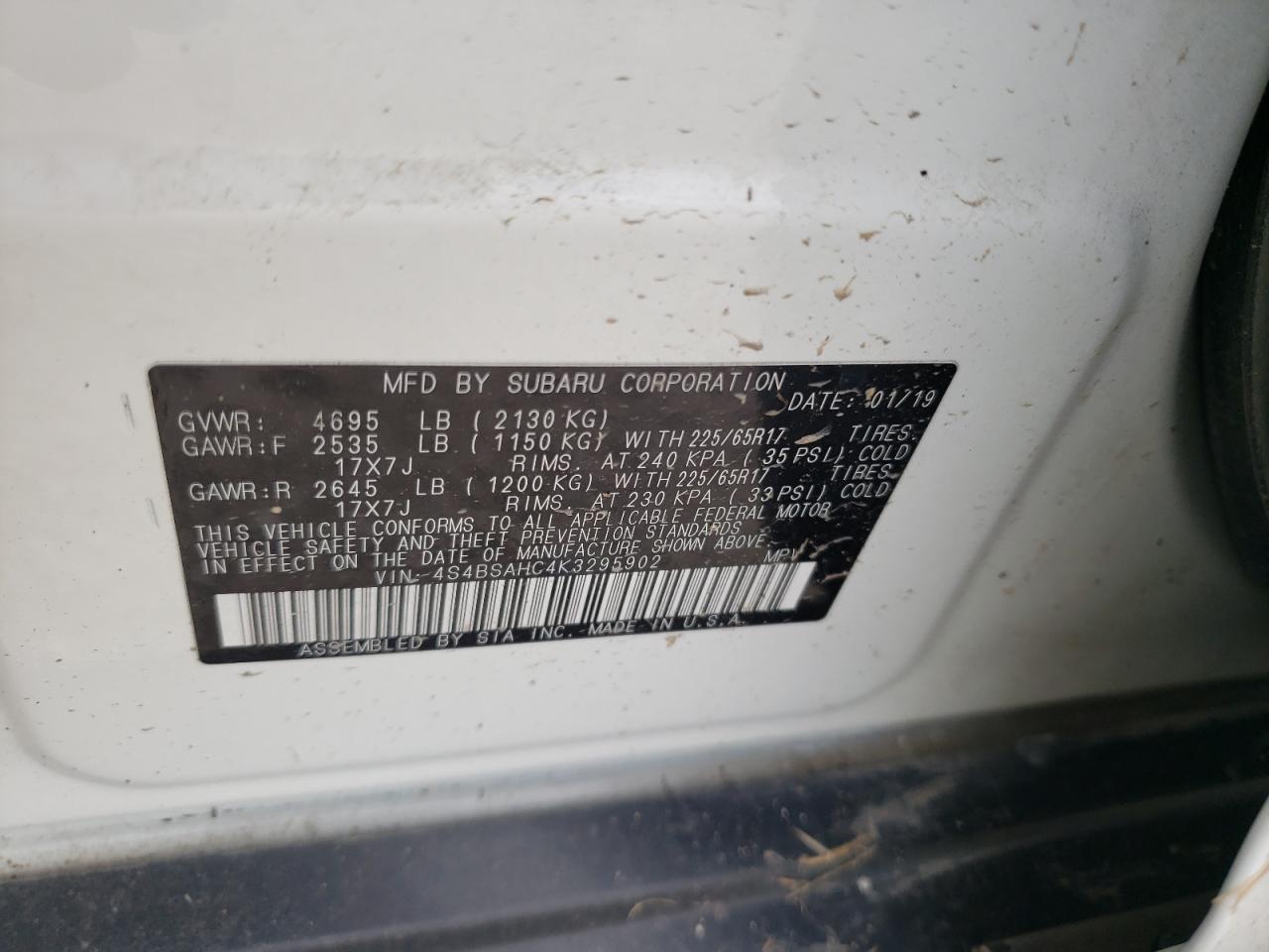 Photo 10 from auction – 2019 SUBARU OUTBACK 2. with VIN 4S4BSAHC4K3295902