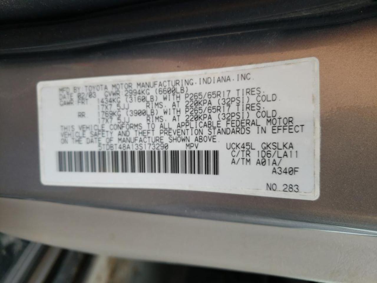 Photo 10 from auction – 2003 TOYOTA SEQUOIA LI with VIN 5TDBT48A13S173290