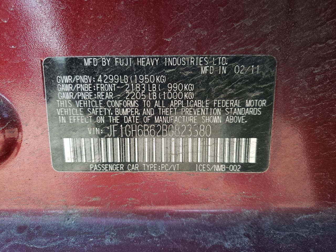 Photo 10 from auction – 2011 SUBARU IMPREZA 2. with VIN JF1GH6B62BG823380