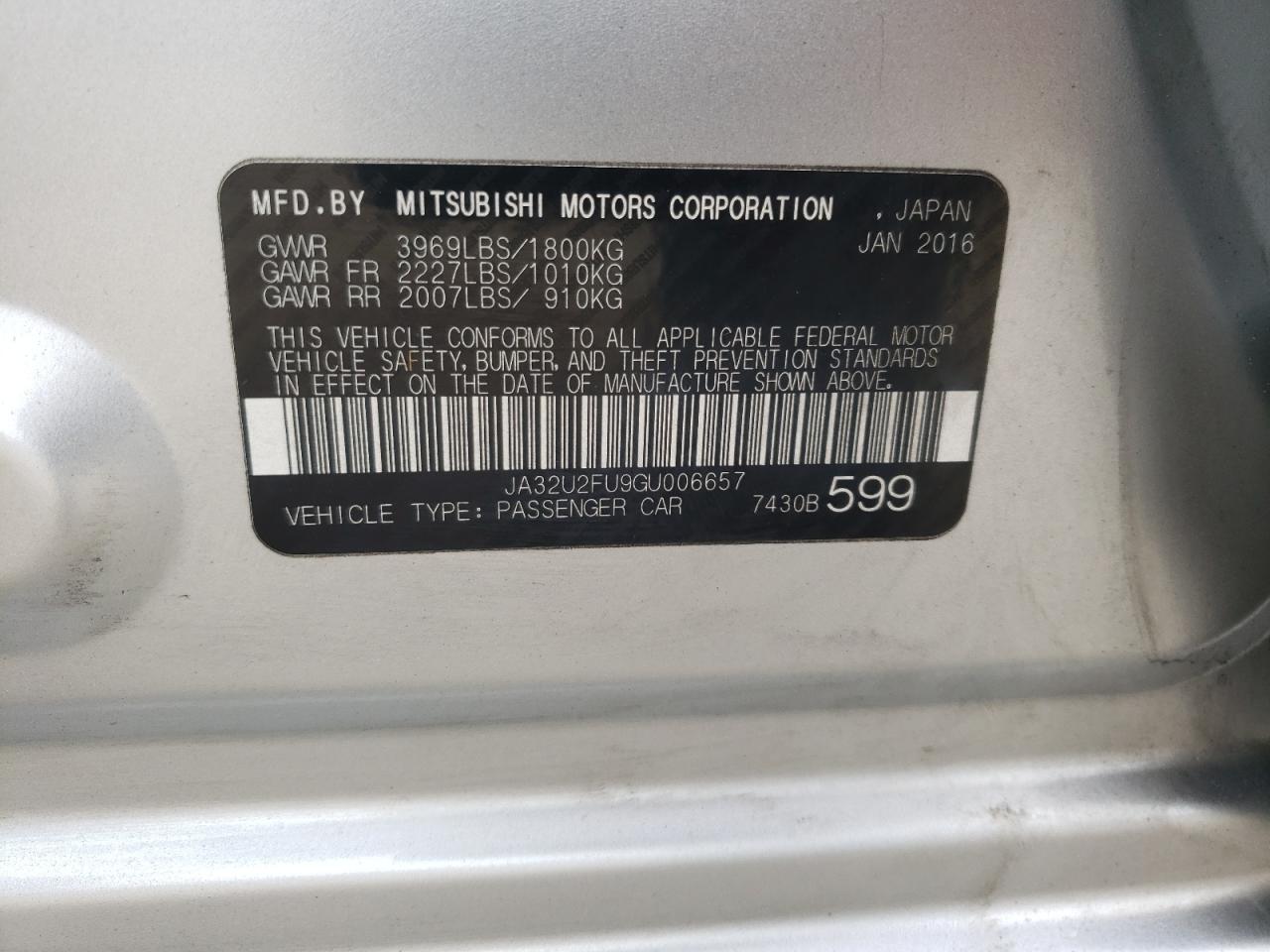 Photo 10 from auction – 2016 MITSUBISHI LANCER with VIN JA32U2FU9GU006657