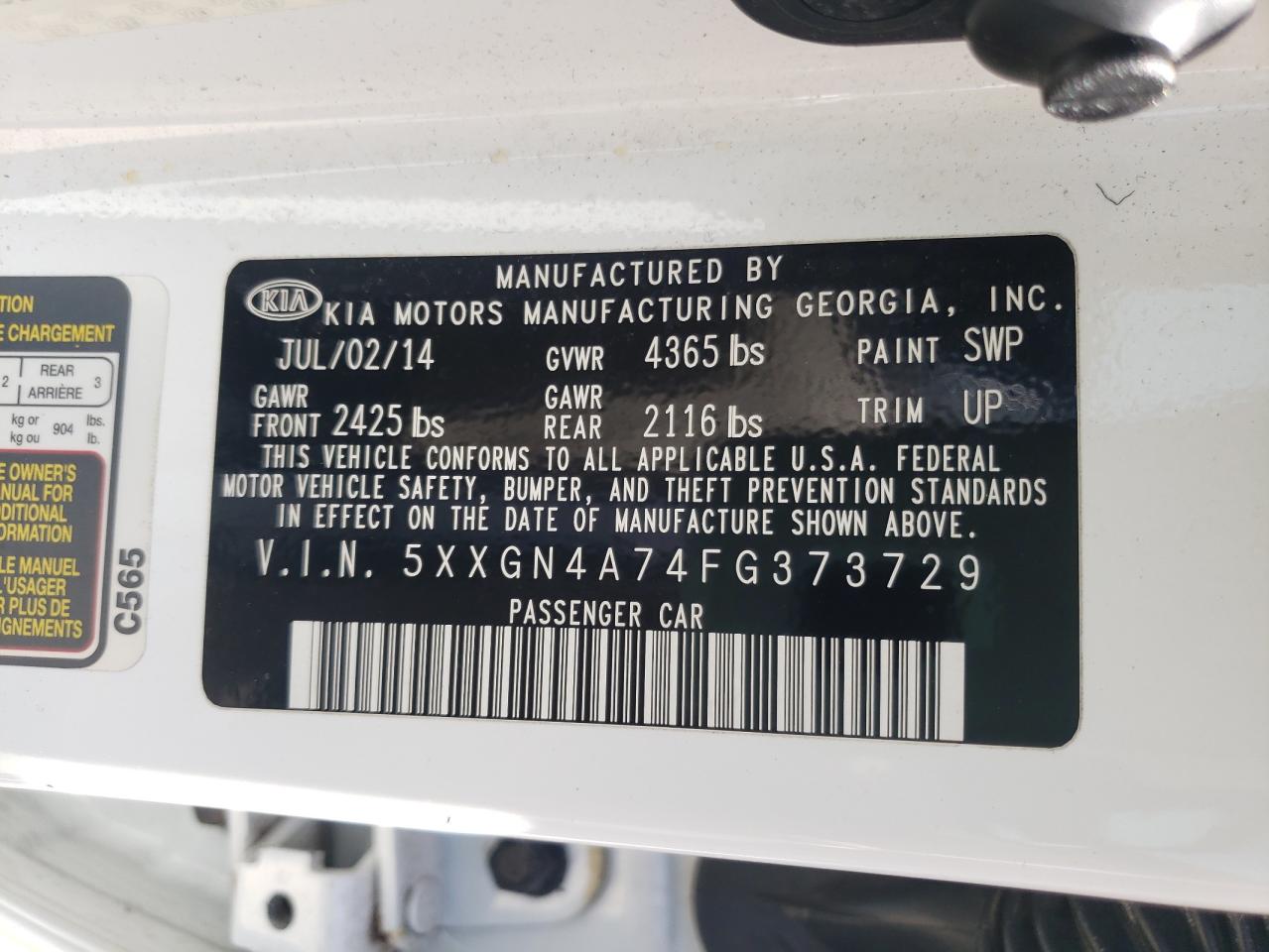Photo 10 from auction – 2015 KIA OPTIMA EX with VIN 5XXGN4A74FG373729