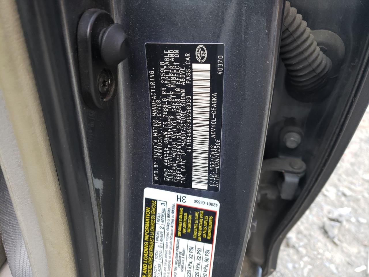 Photo 10 from auction – 2008 TOYOTA CAMRY CE with VIN 4T1BE46K78U258333
