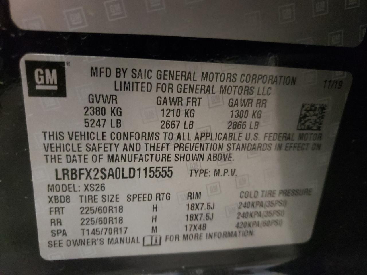 Photo 10 from auction – 2020 BUICK ENVISION E with VIN LRBFX2SA0LD115555