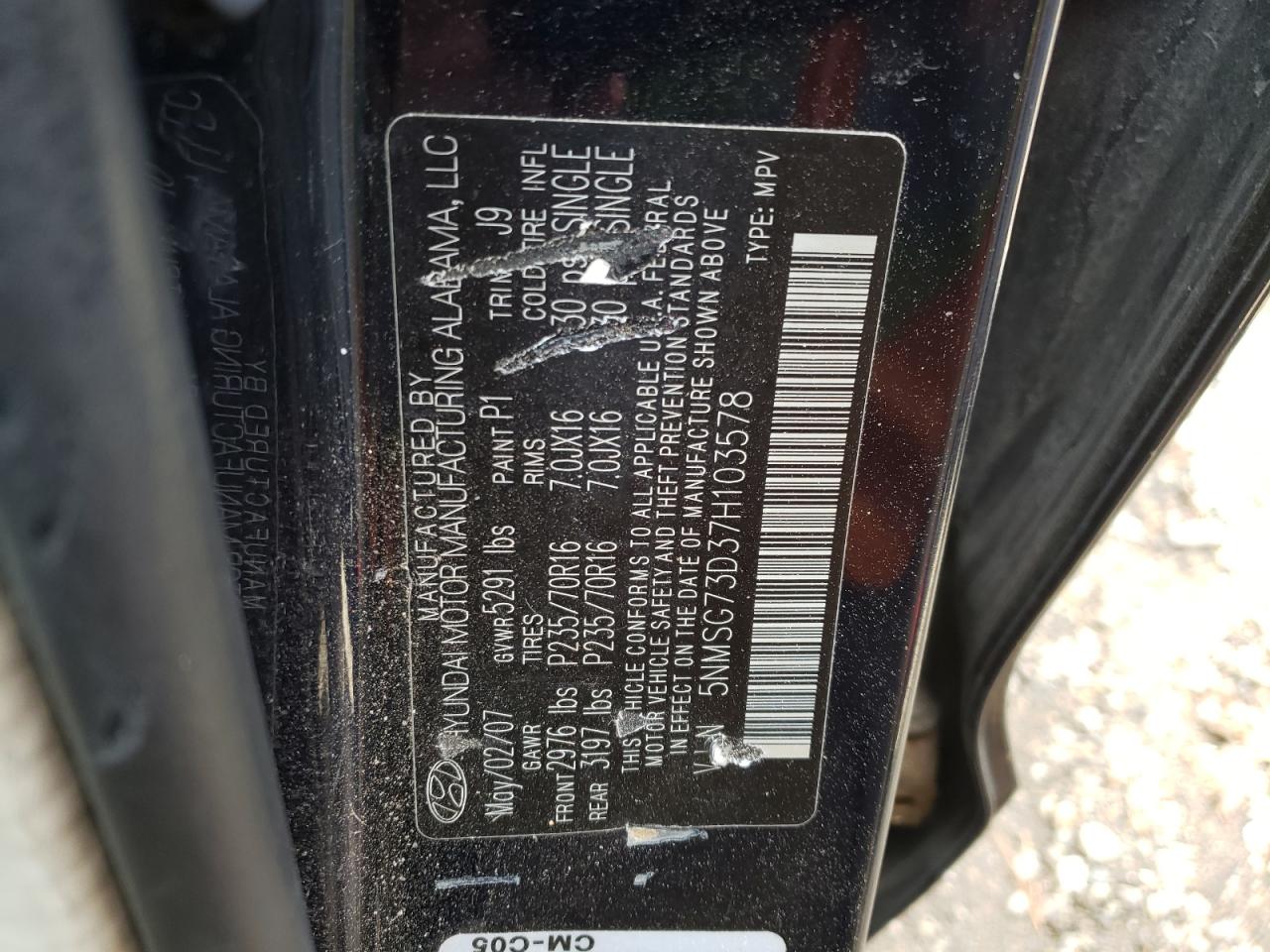 Zdjęcie 10 z aukcji – 2007 HYUNDAI SANTA FE G z VIN 5NMSG73D37H103578