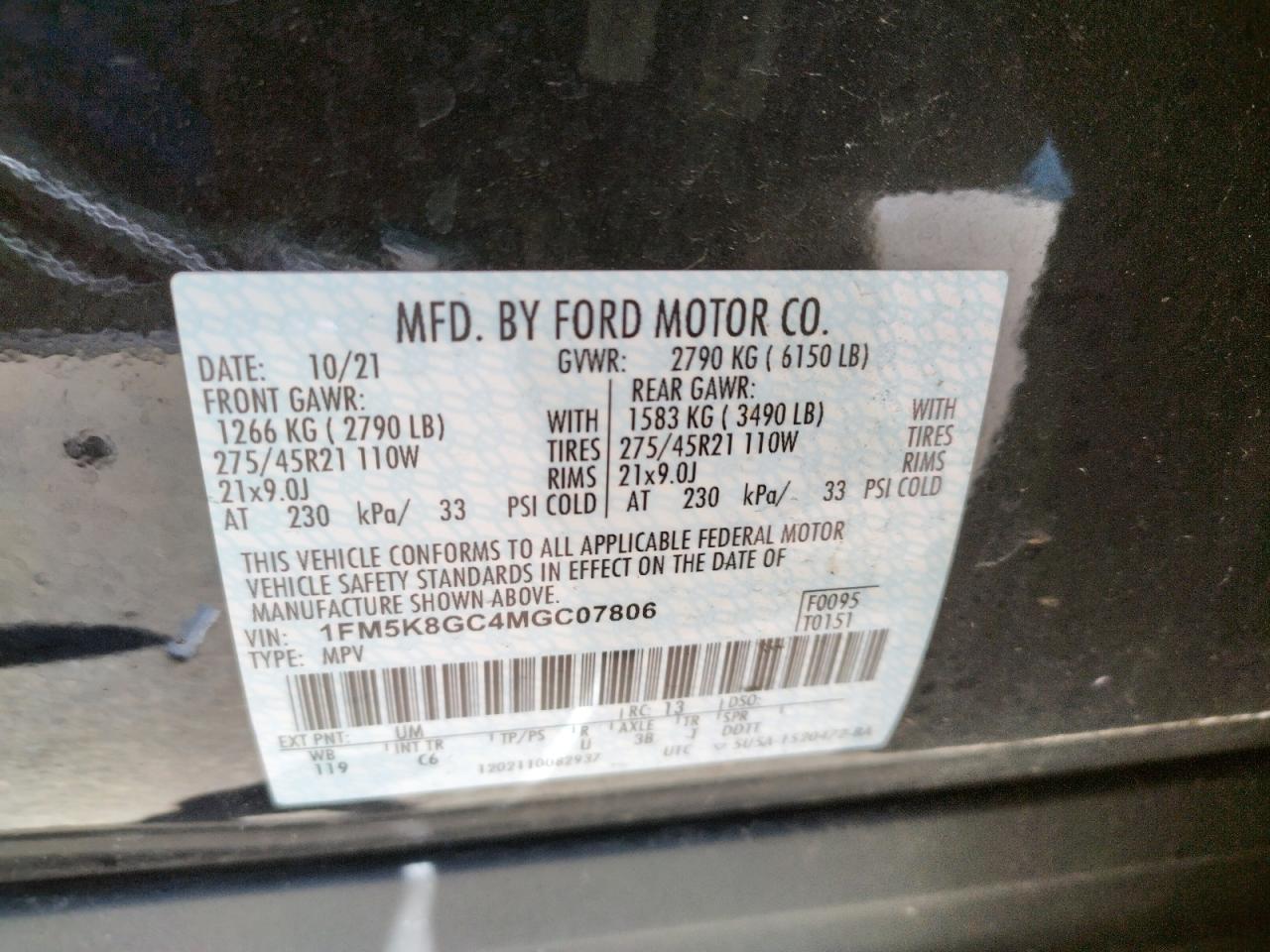 Photo 10 from auction – 2021 FORD EXPLORER S with VIN 1FM5K8GC4MGC07806