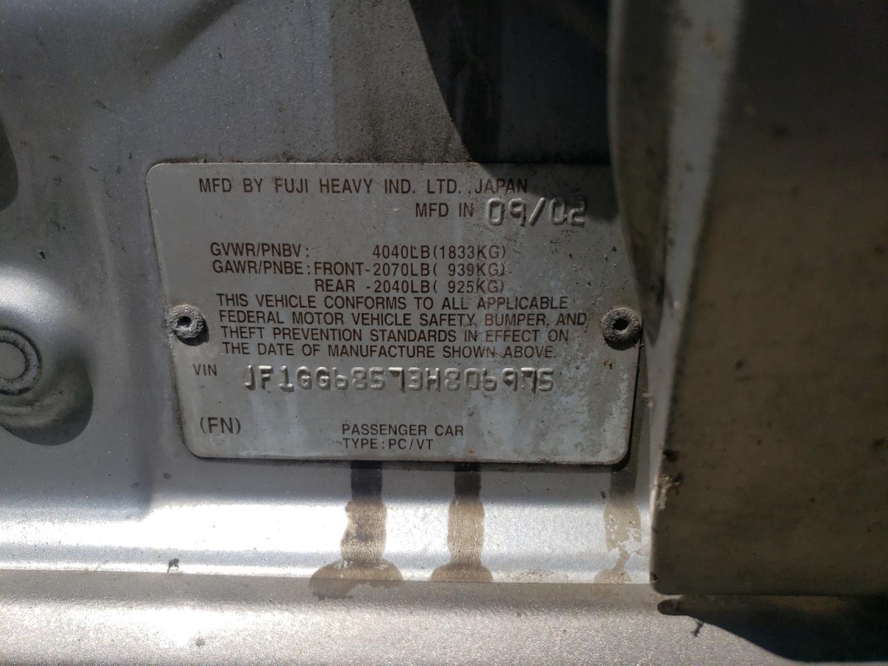 Photo 10 from auction – 2003 SUBARU IMPREZA OU with VIN JF1GG68573H806975