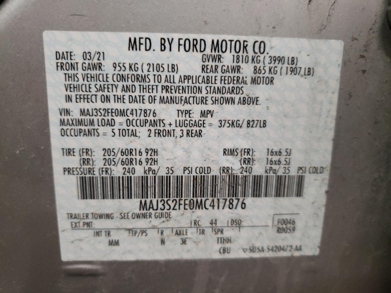 Photo 10 from auction – 2021 FORD ECOSPORT S with VIN MAJ3S2FE0MC417876